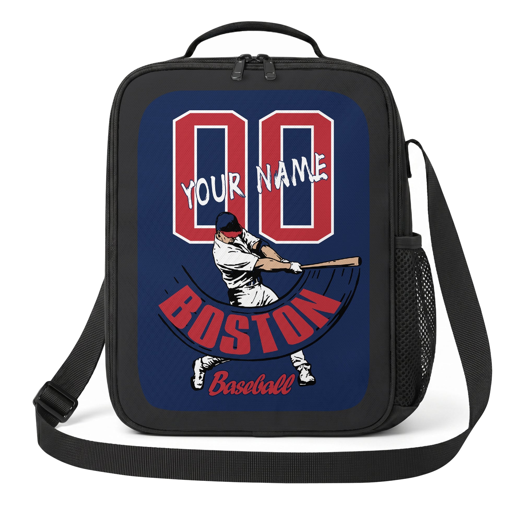 Boston personalized baseball lunch bag front view in navy red and white with swinging batter graphic custom name and jersey number