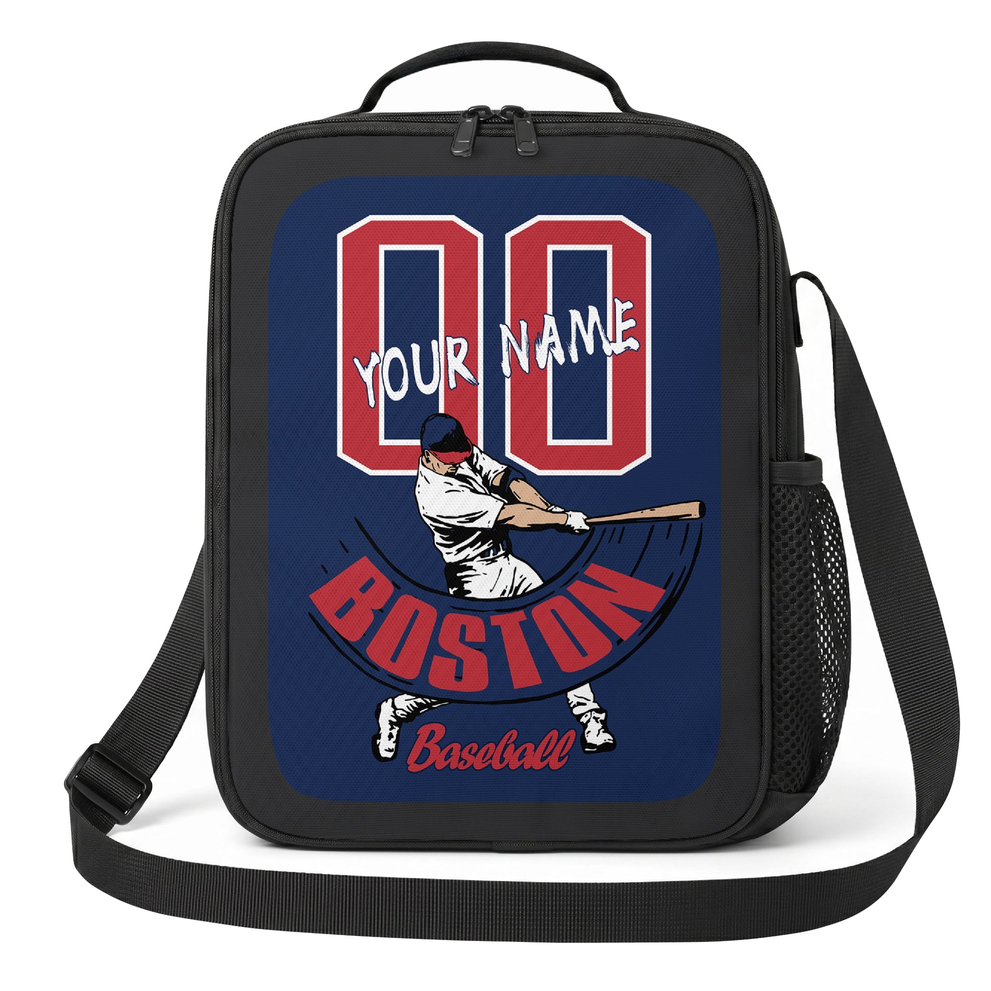 Boston personalized baseball lunch bag front view in navy red and white with swinging batter graphic custom name and jersey number