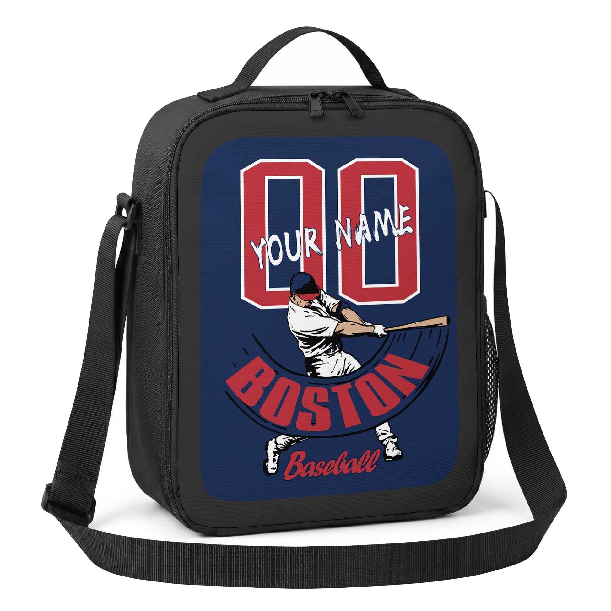 Boston personalized batter baseball lunch bag angled view with top handle shoulder strap and side mesh pocket