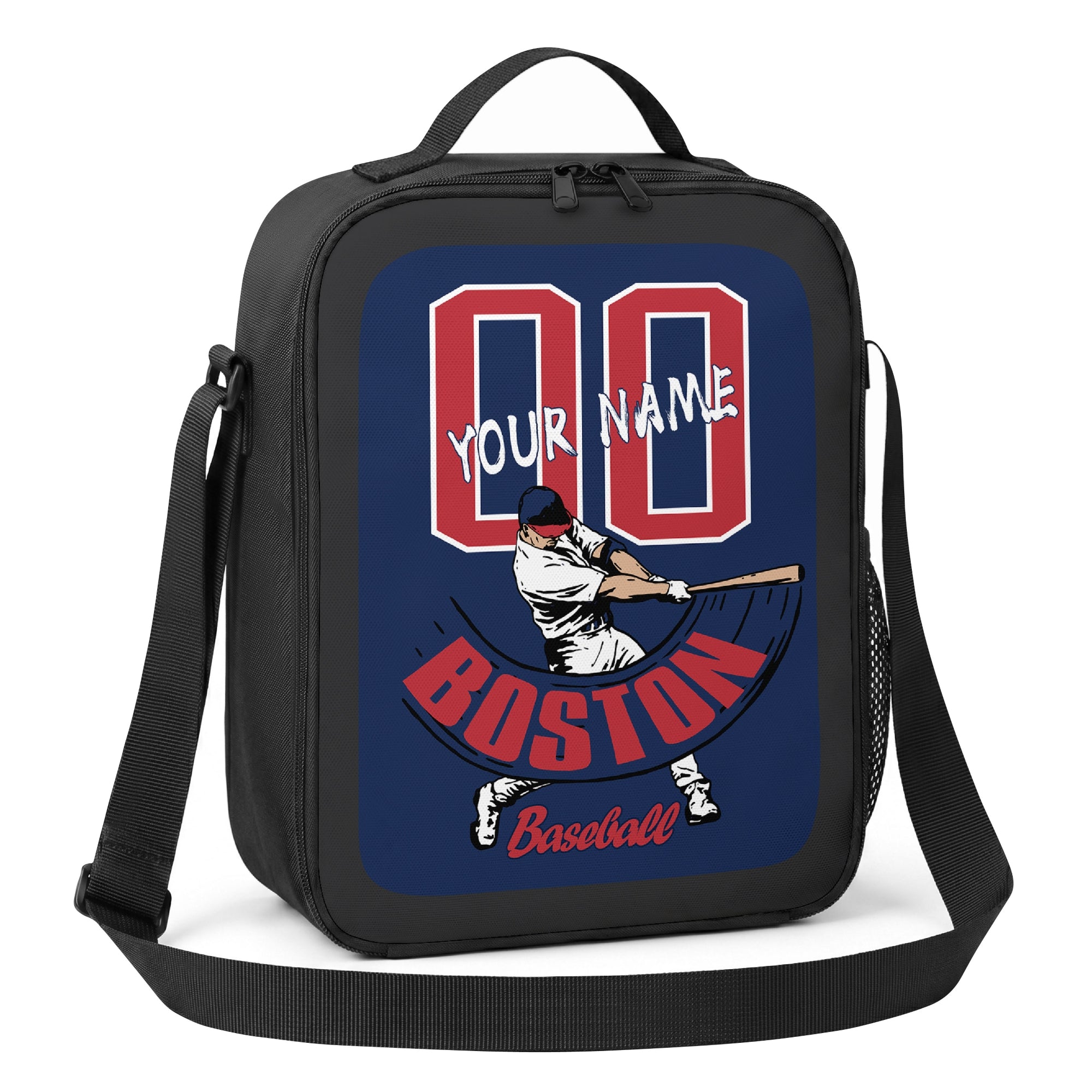 Boston personalized batter baseball lunch bag angled view with top handle shoulder strap and side mesh pocket
