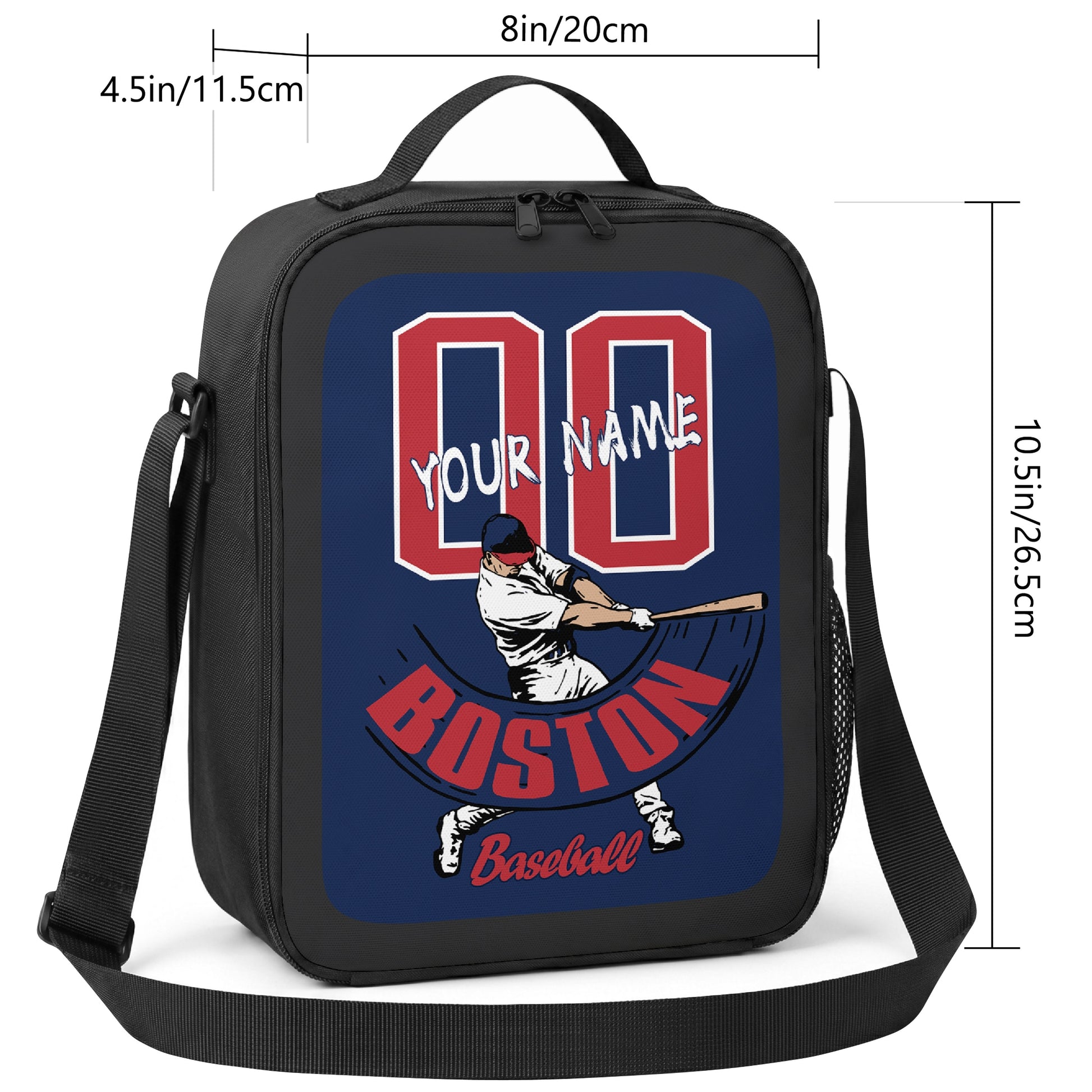 Boston personalized baseball lunch bag size guide showing 8 inch width 4.5 inch depth and 10.5 inch height