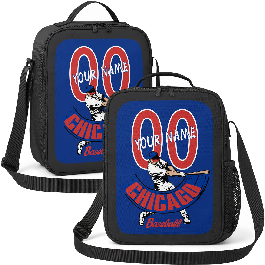 Chicago Blue and Red personalized batter graphic baseball lunch bag in royal blue red and white showing front and angled views with custom name and number