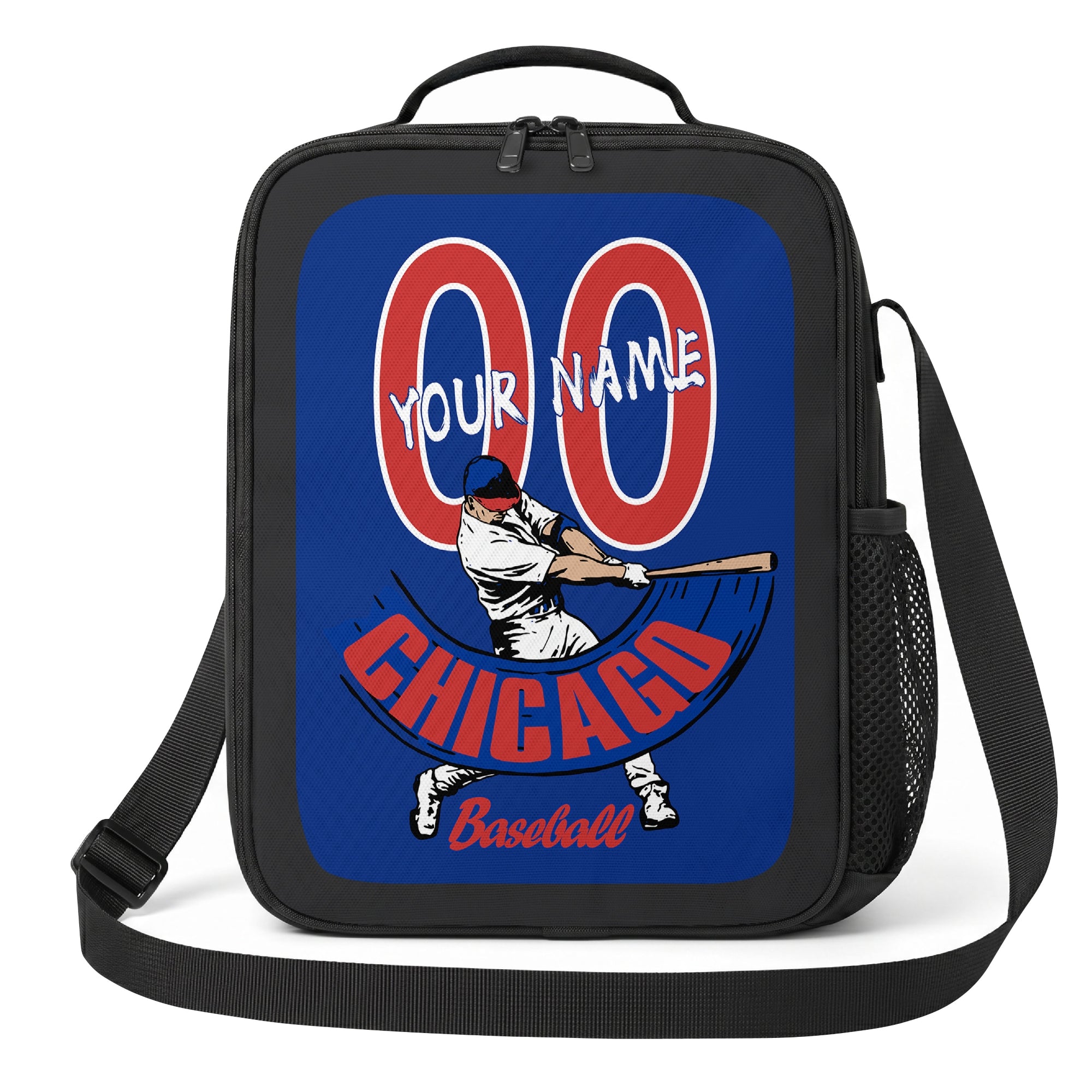 Chicago Blue and Red personalized baseball lunch bag front view in royal blue red and white with swinging batter graphic custom name and jersey number