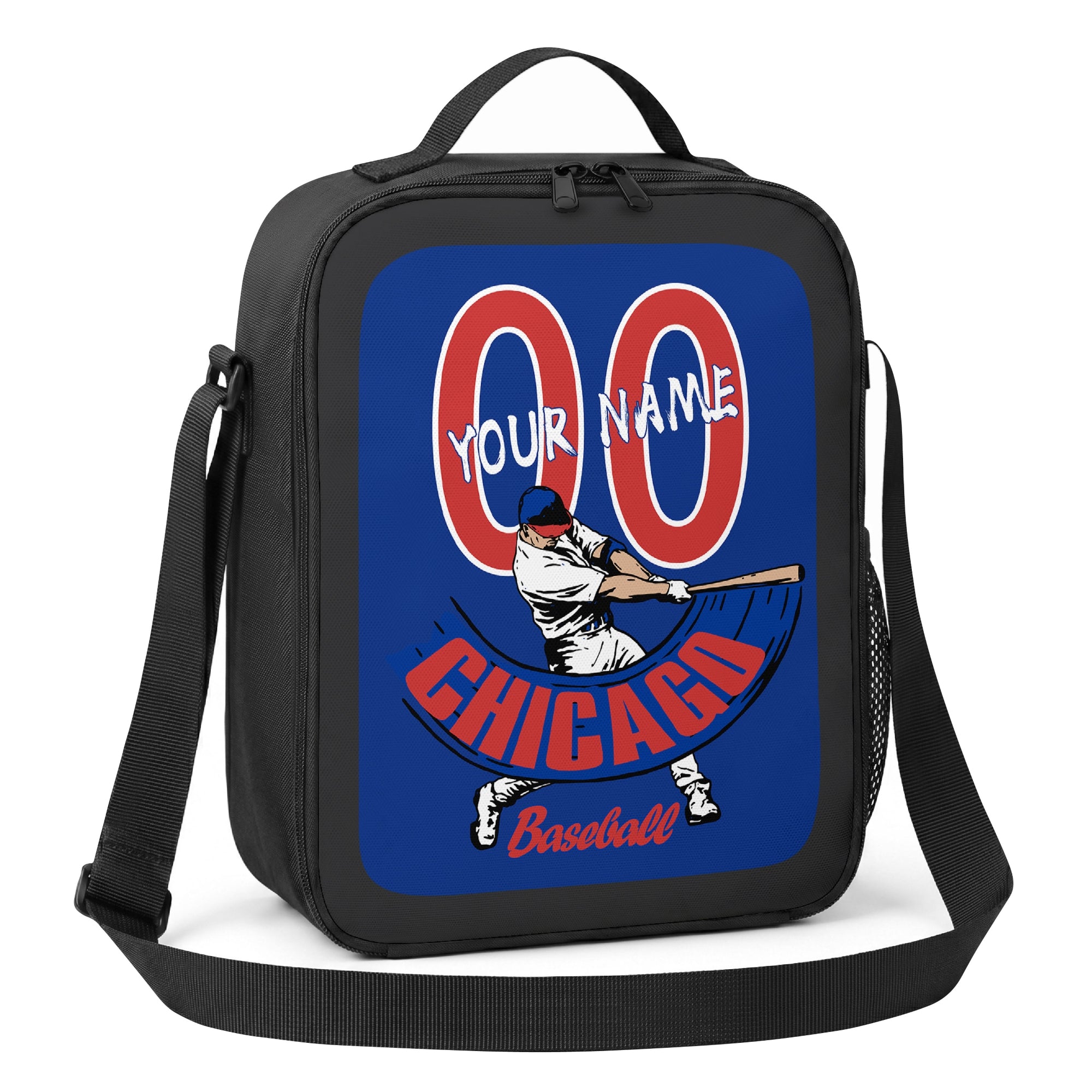 Chicago Blue and Red personalized batter baseball lunch bag angled view with top handle shoulder strap and side mesh pocket