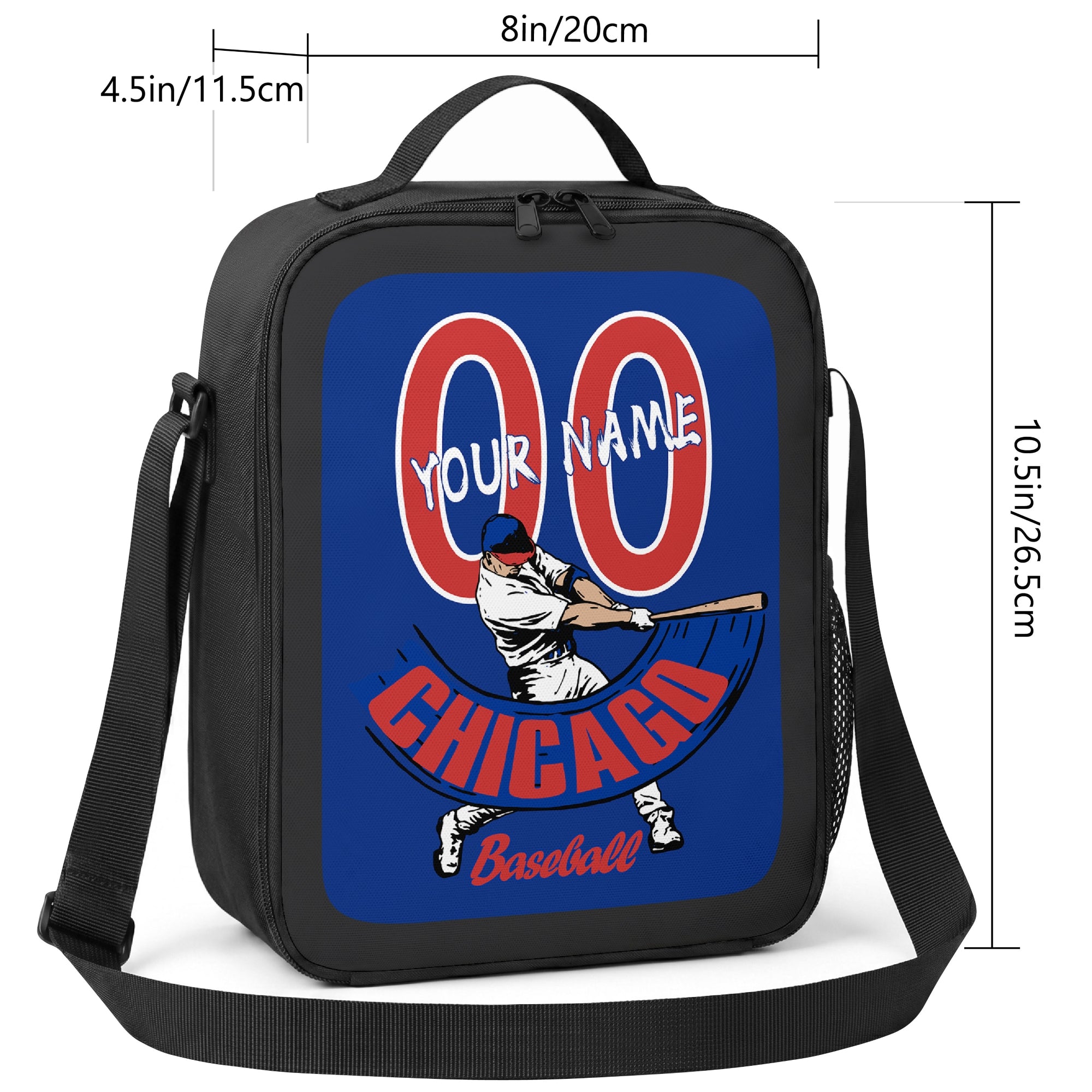Chicago Blue and Red personalized baseball lunch bag size guide showing 8 inch width 4.5 inch depth and 10.5 inch height