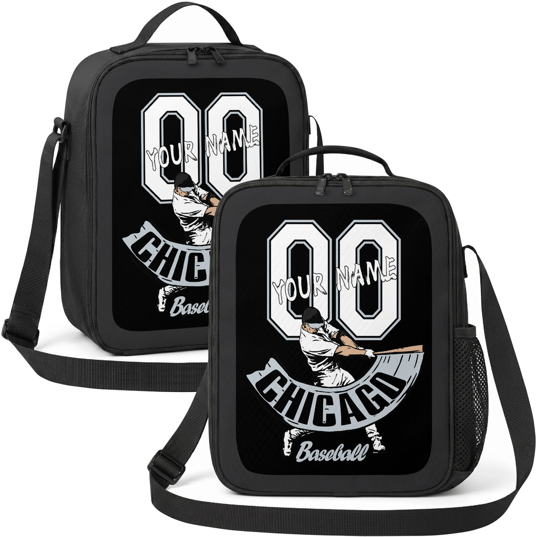 Chicago Black and White personalized batter graphic baseball lunch bag in black gray and white showing front and angled views with custom name and number