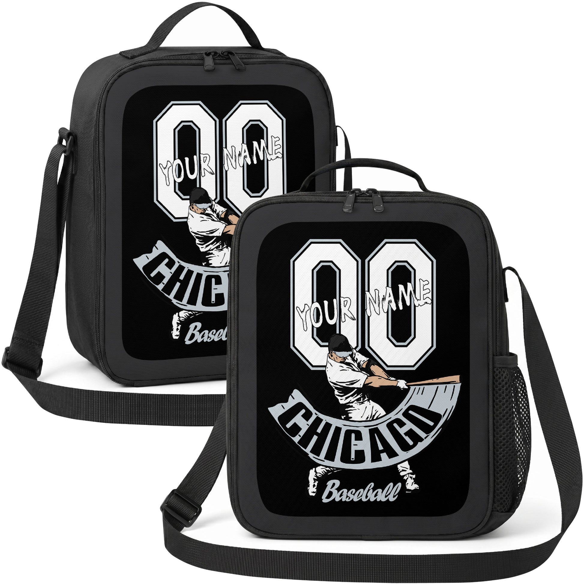 Chicago Black and White personalized batter graphic baseball lunch bag in black gray and white showing front and angled views with custom name and number