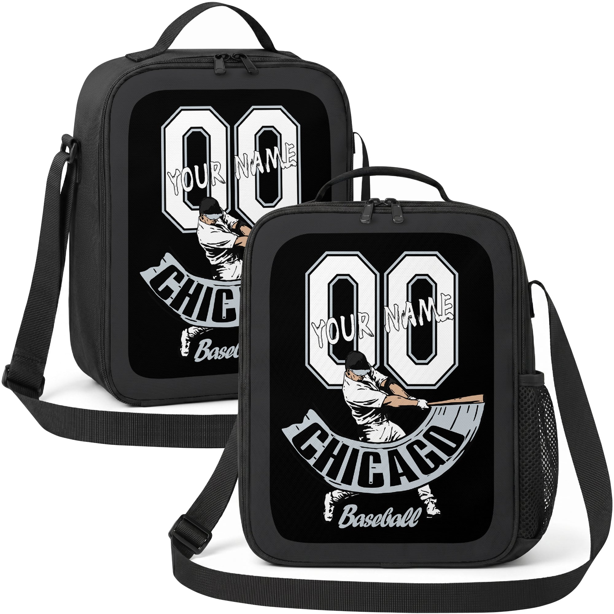 Chicago Black and White personalized batter graphic baseball lunch bag in black gray and white showing front and angled views with custom name and number