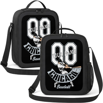 Chicago Black and White personalized batter graphic baseball lunch bag in black gray and white showing front and angled views with custom name and number