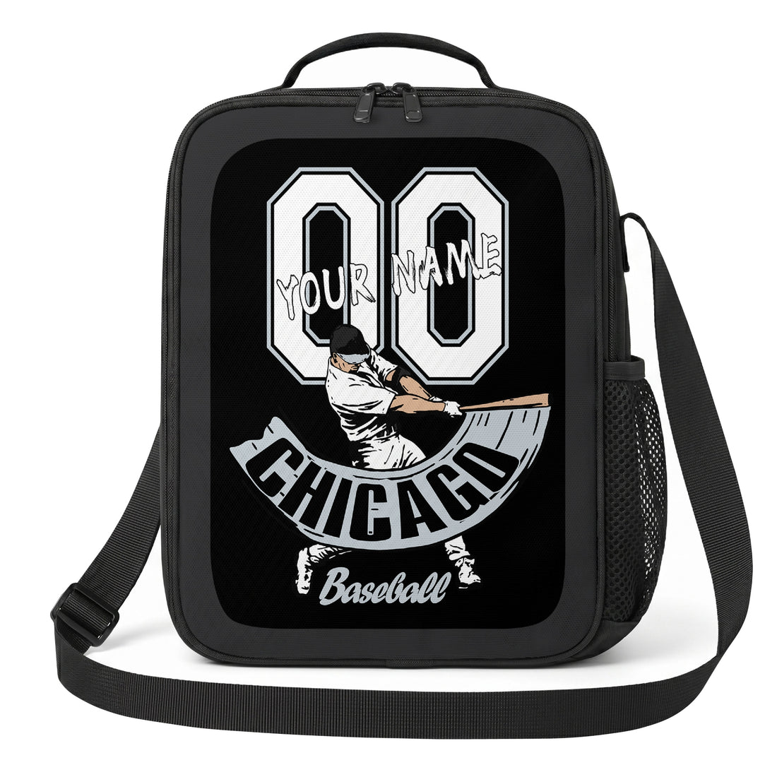 Chicago Black and White personalized batter graphic baseball lunch bag in black gray and white showing front and angled views with custom name and number