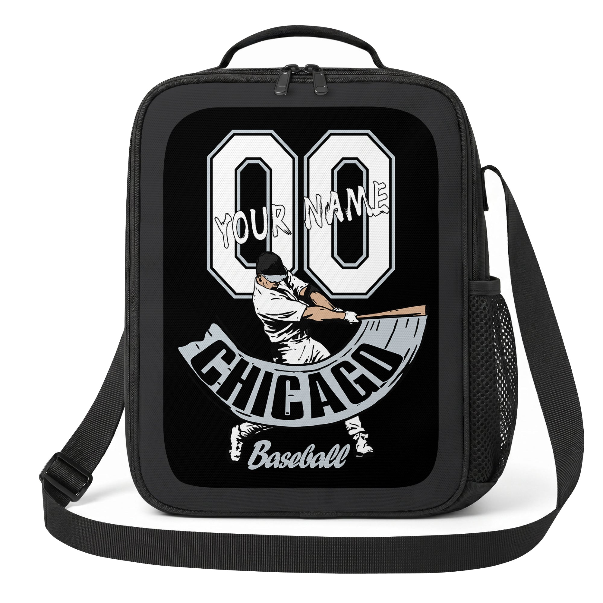 Chicago Black and White personalized baseball lunch bag front view in black gray and white with swinging batter graphic custom name and jersey number
