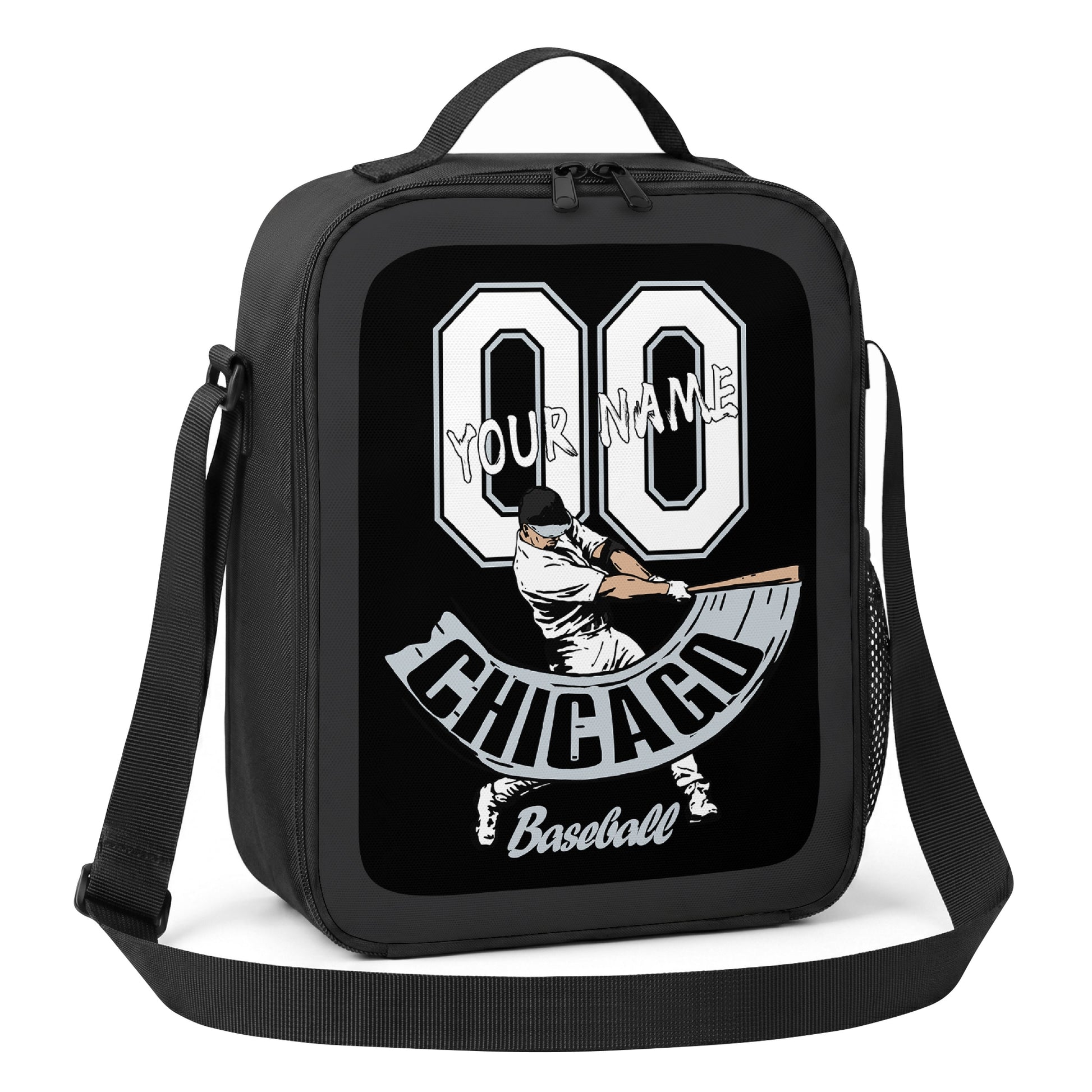 Chicago Black and White personalized batter baseball lunch bag angled view with top handle shoulder strap and side mesh pocket