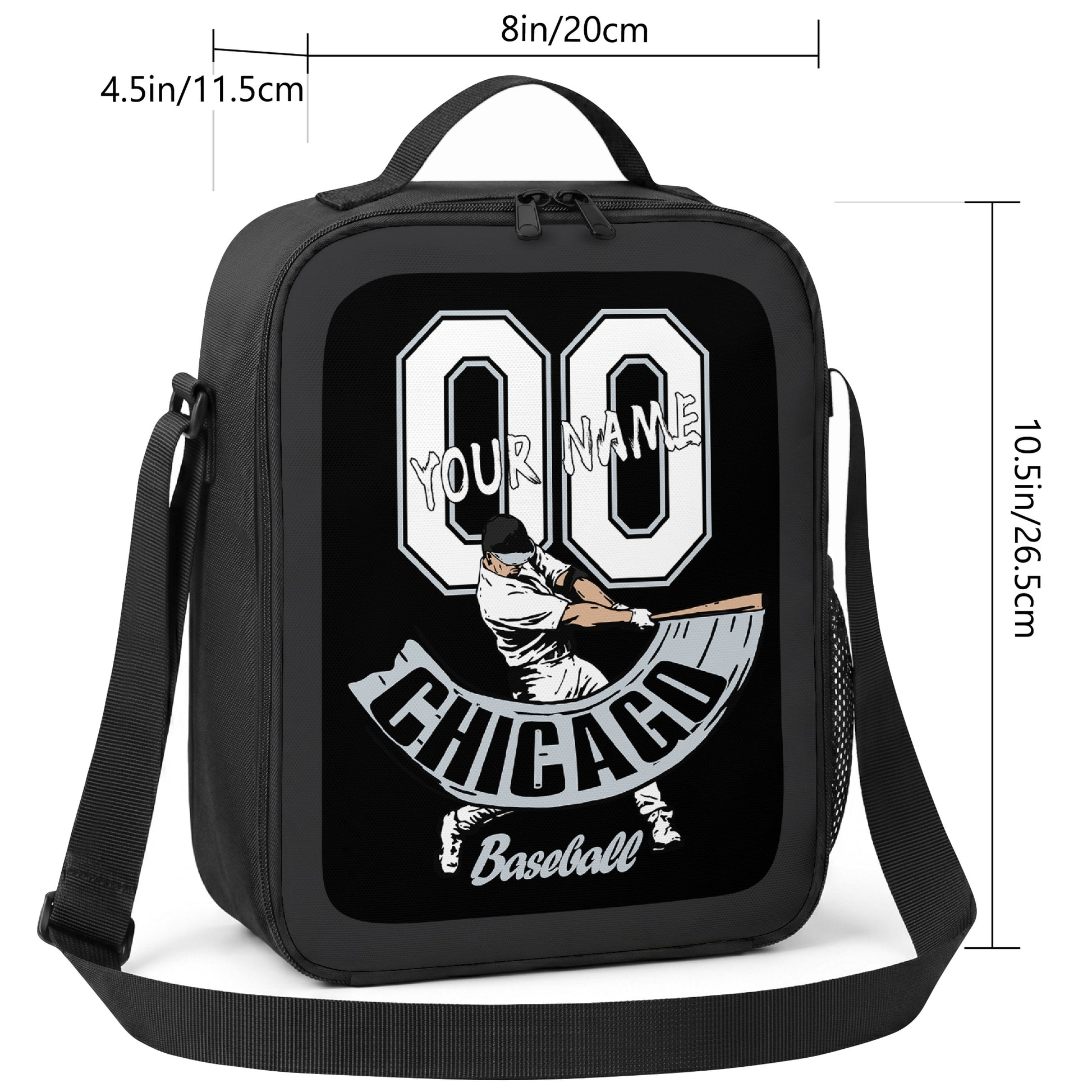 Chicago Black and White personalized baseball lunch bag size guide showing 8 inch width 4.5 inch depth and 10.5 inch height