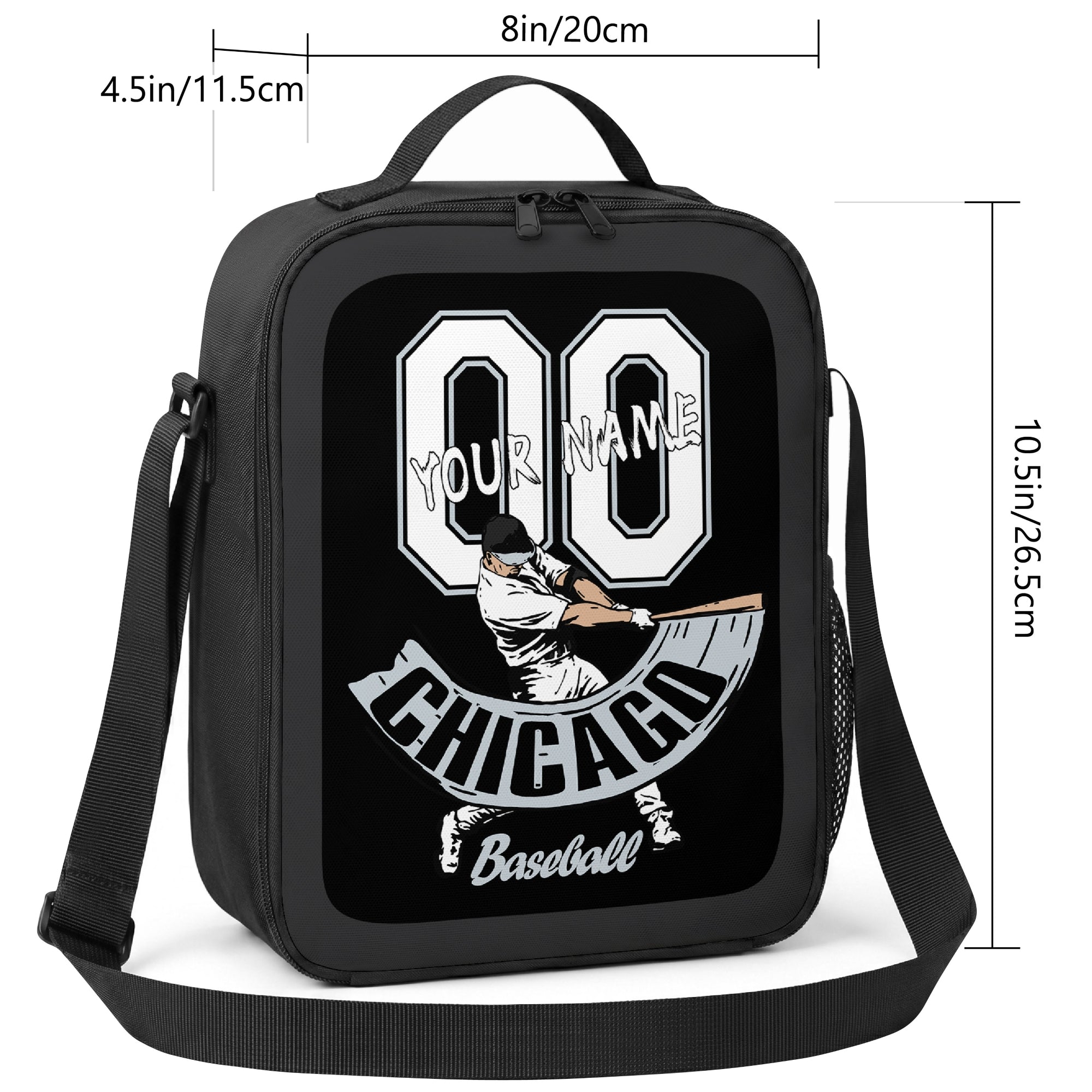 Chicago Black and White personalized baseball lunch bag size guide showing 8 inch width 4.5 inch depth and 10.5 inch height