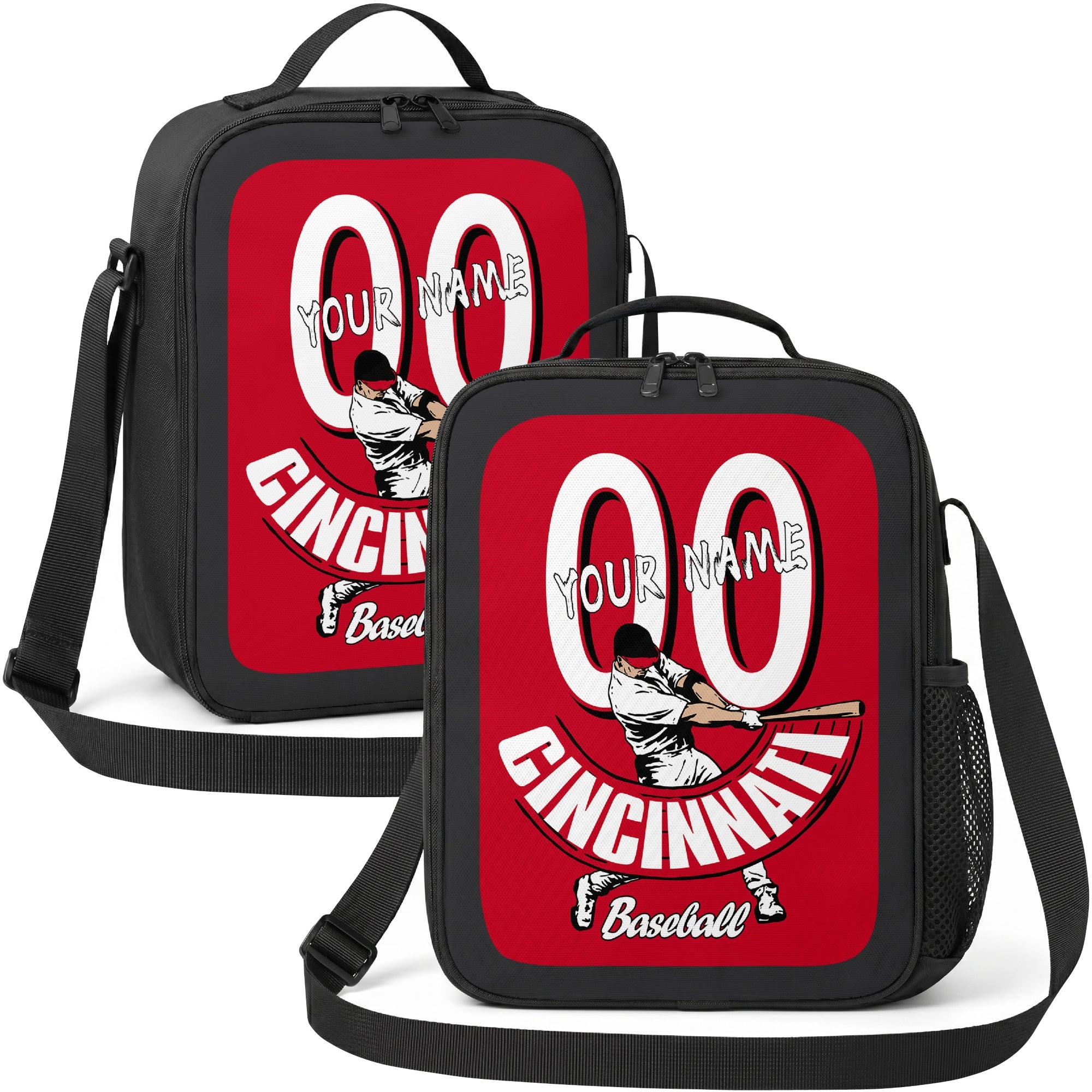 Cincinnati personalized batter graphic baseball lunch bag in red white and black showing front and angled views with custom name and number