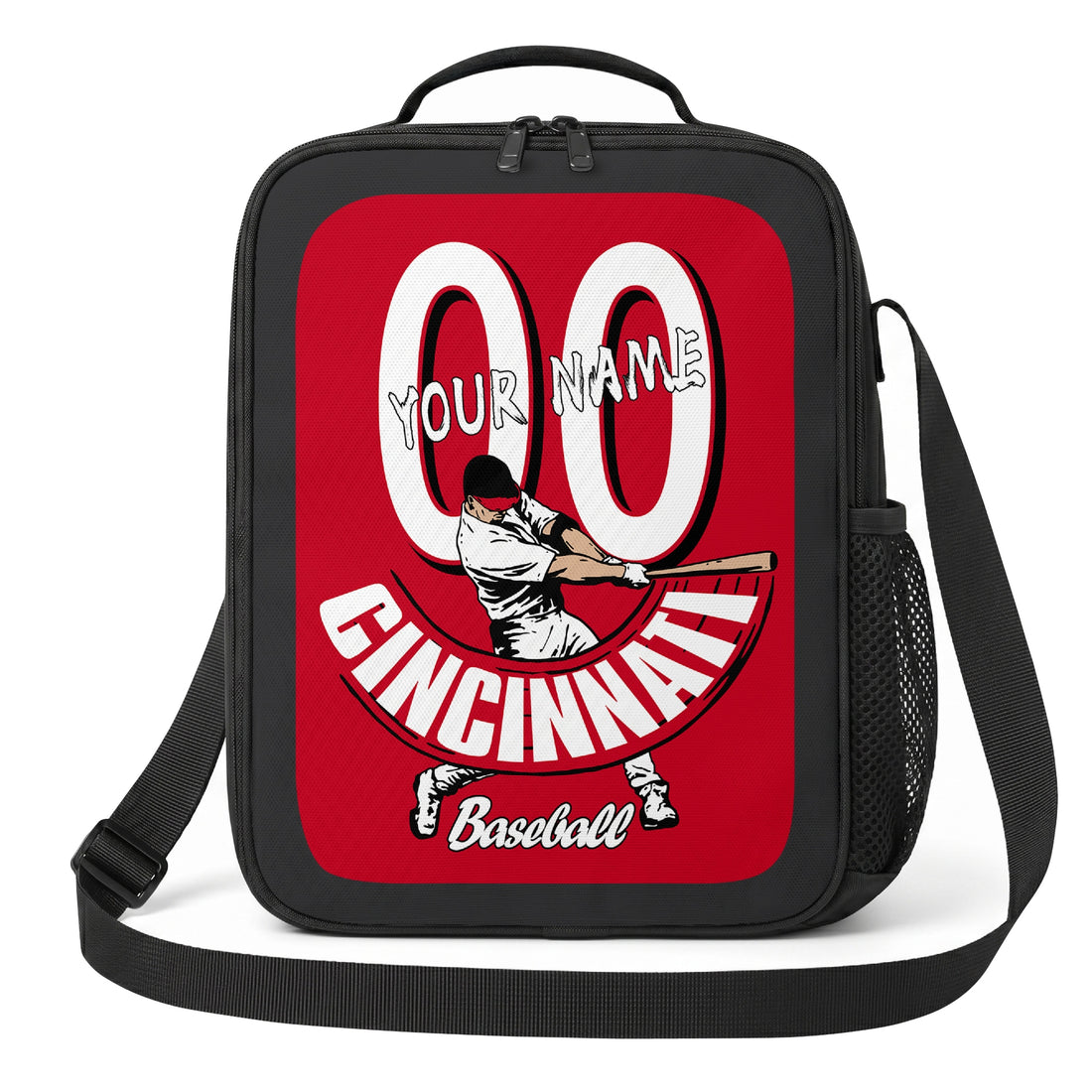 Cincinnati personalized batter graphic baseball lunch bag in red white and black showing front and angled views with custom name and number