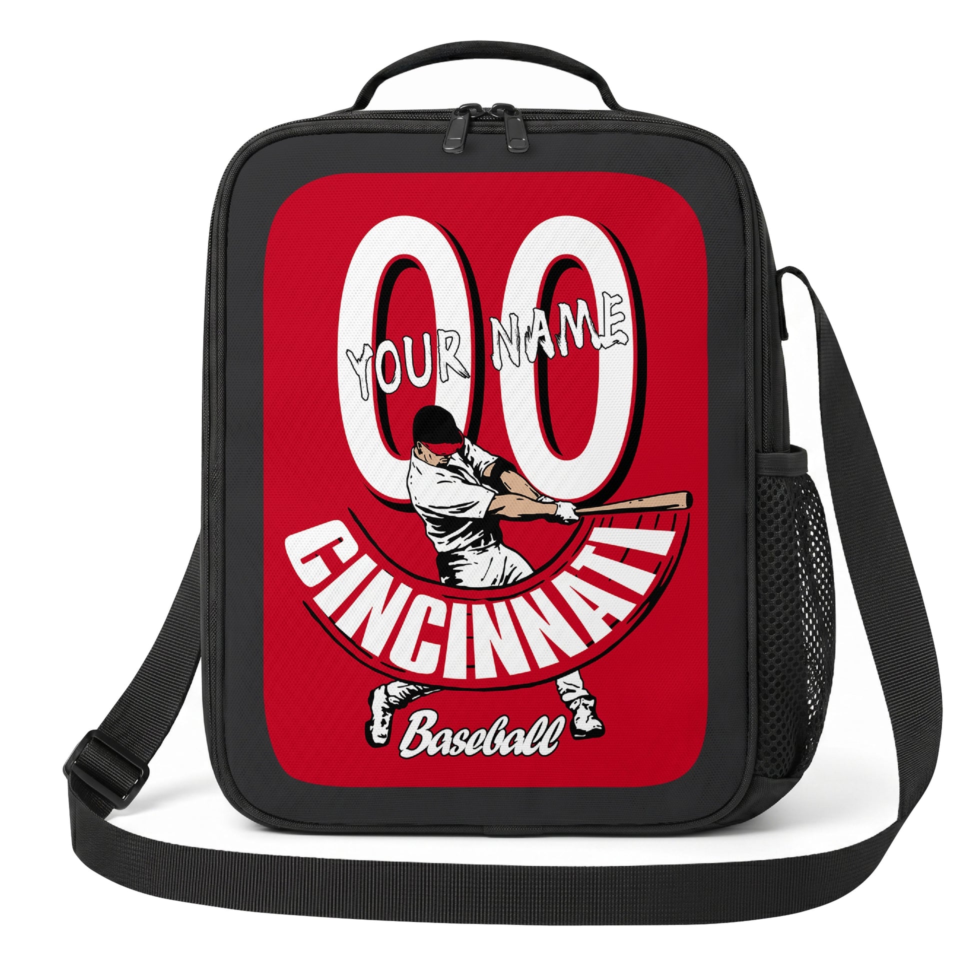 Cincinnati personalized baseball lunch bag front view in red white and black with swinging batter graphic custom name and jersey number