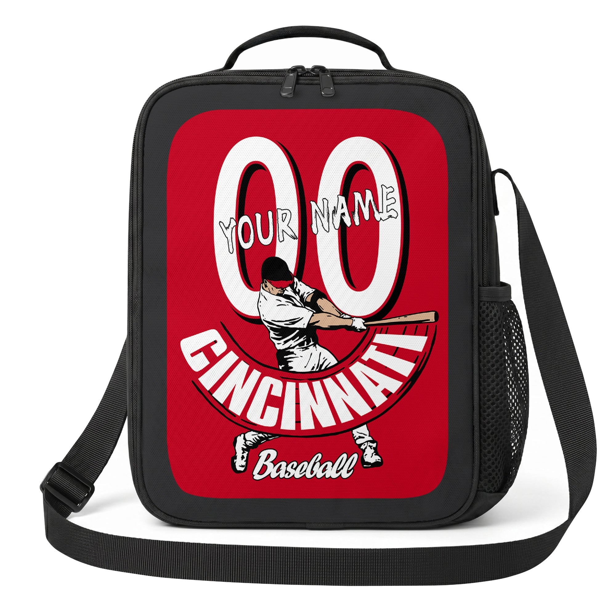 Cincinnati personalized baseball lunch bag front view in red white and black with swinging batter graphic custom name and jersey number