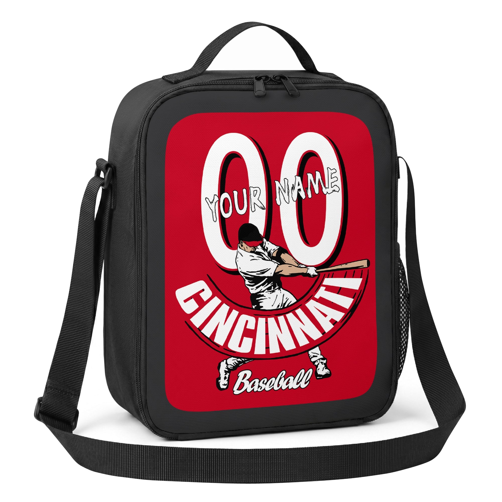 Cincinnati personalized batter baseball lunch bag angled view with top handle shoulder strap and side mesh pocket