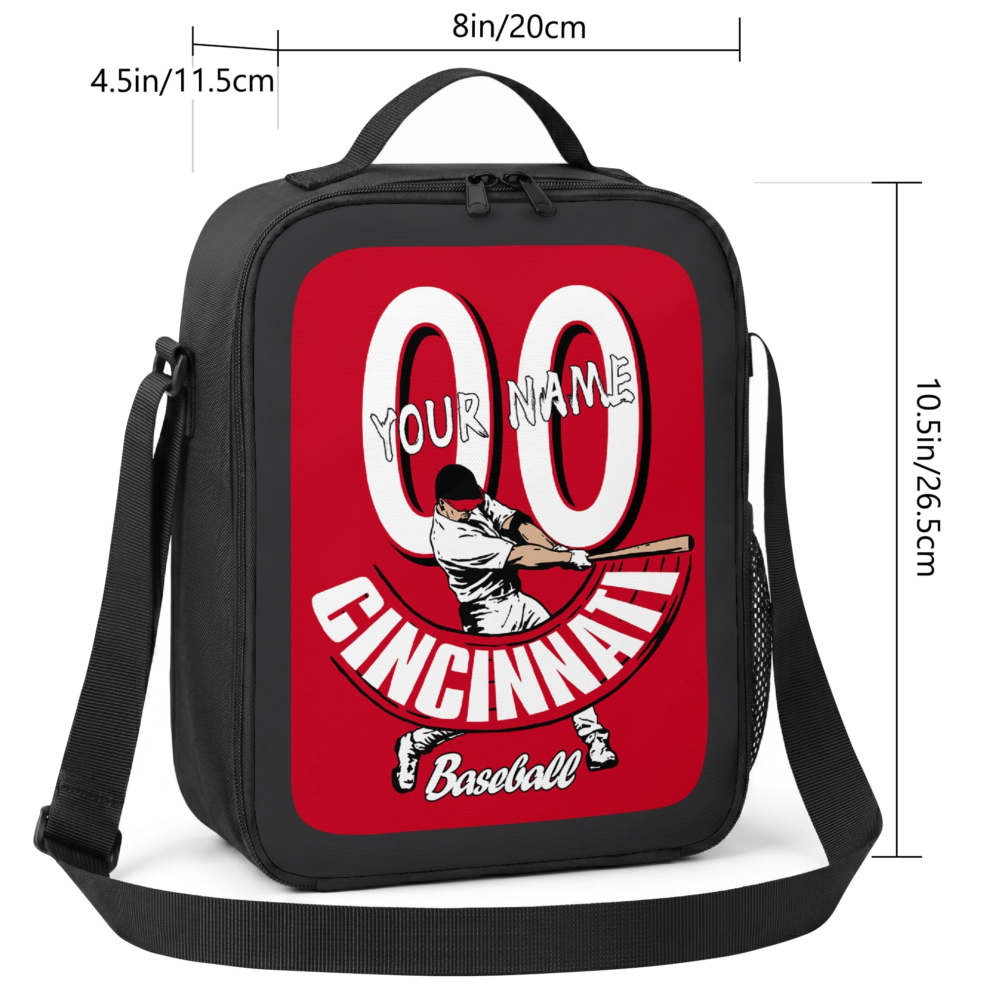 Cincinnati personalized baseball lunch bag size guide showing 8 inch width 4.5 inch depth and 10.5 inch height
