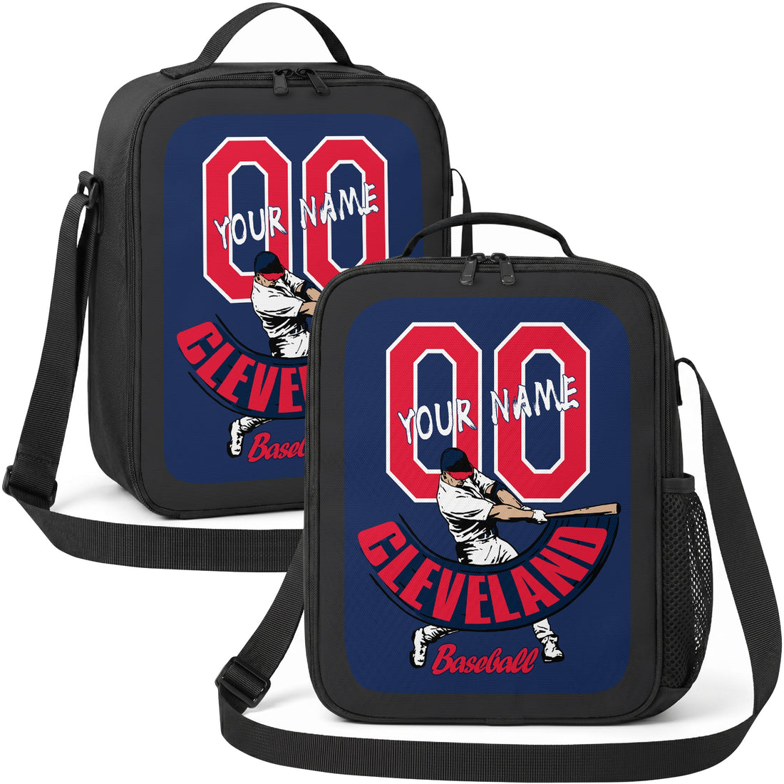 Cleveland personalized batter graphic baseball lunch bag in navy red and white showing front and angled views with custom name and number