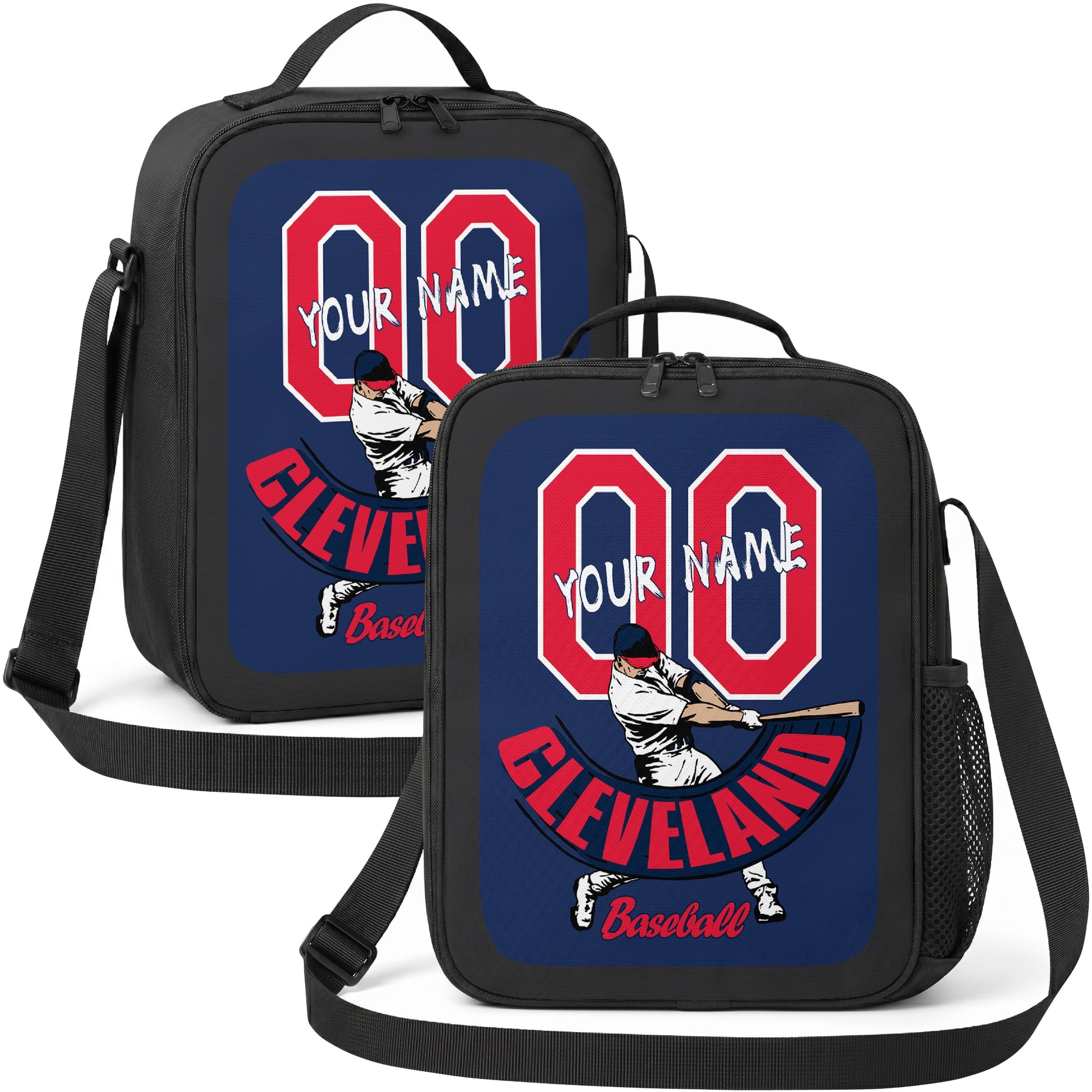 Cleveland personalized batter graphic baseball lunch bag in navy red and white showing front and angled views with custom name and number