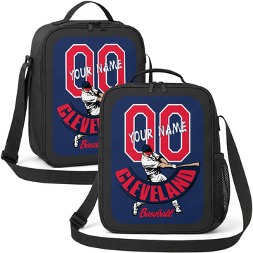 Cleveland personalized batter graphic baseball lunch bag in navy red and white showing front and angled views with custom name and number