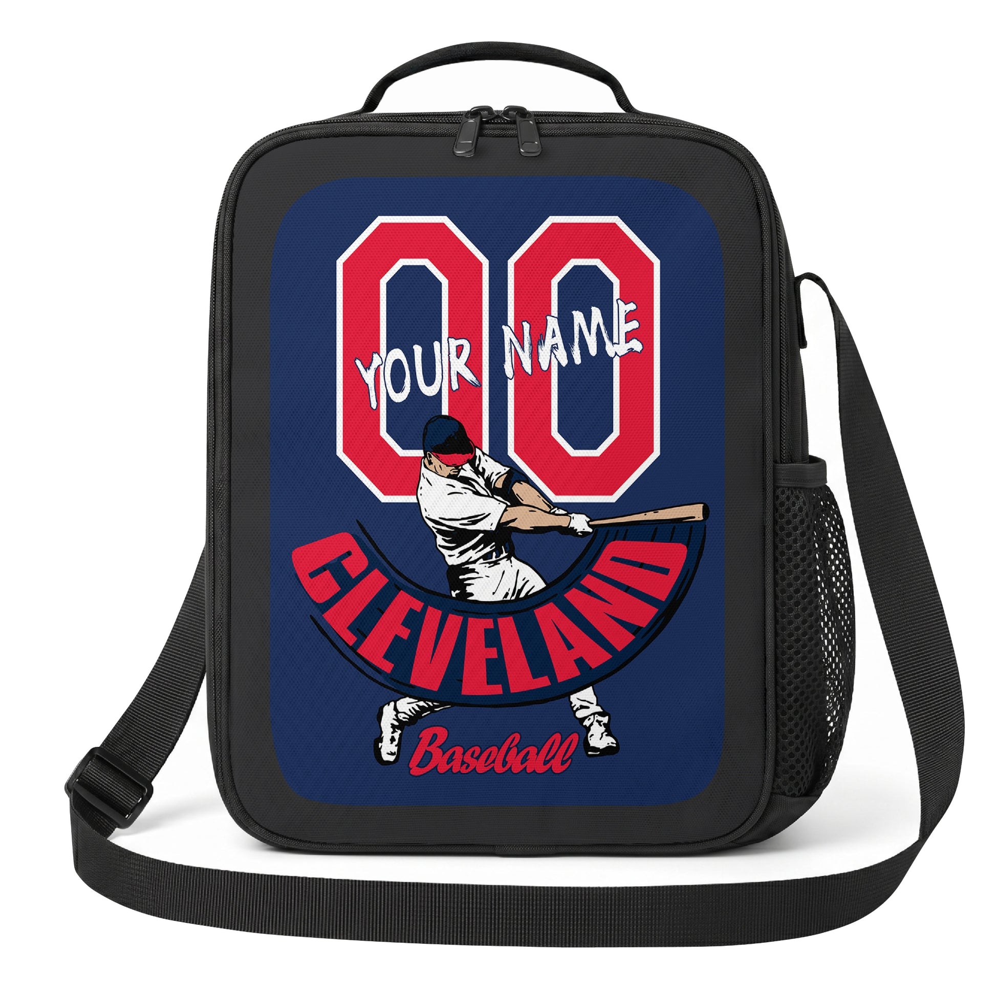 Cleveland personalized baseball lunch bag front view in navy red and white with swinging batter graphic custom name and jersey number