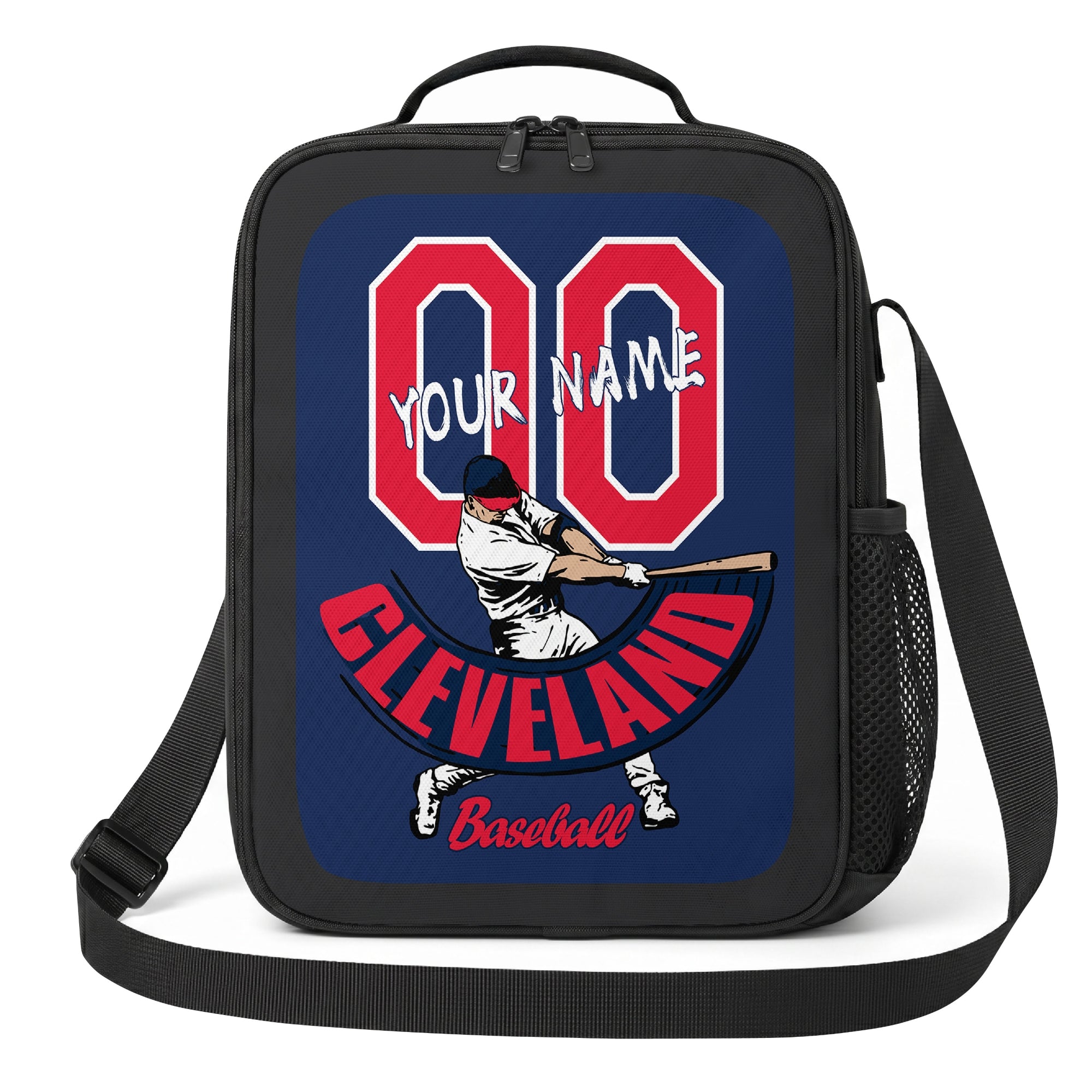 Cleveland personalized baseball lunch bag front view in navy red and white with swinging batter graphic custom name and jersey number