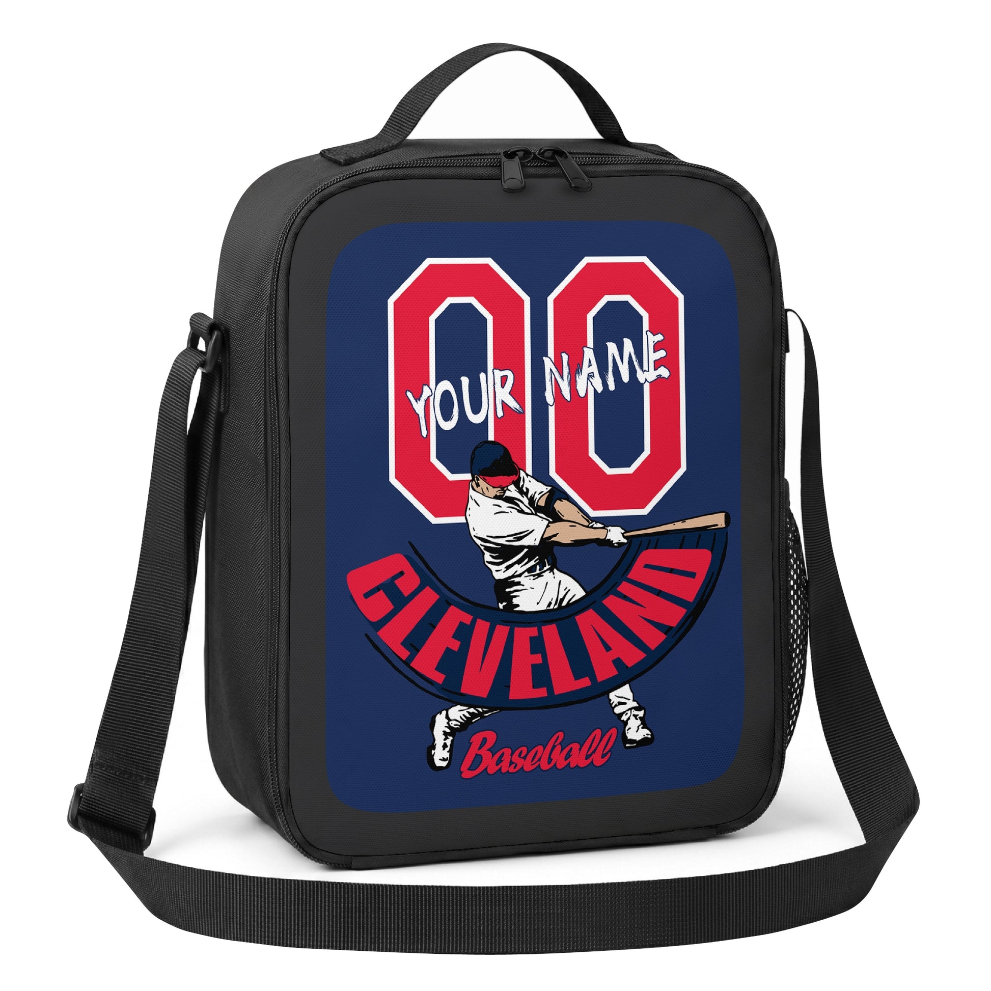 Cleveland personalized batter baseball lunch bag angled view with top handle shoulder strap and side mesh pocket
