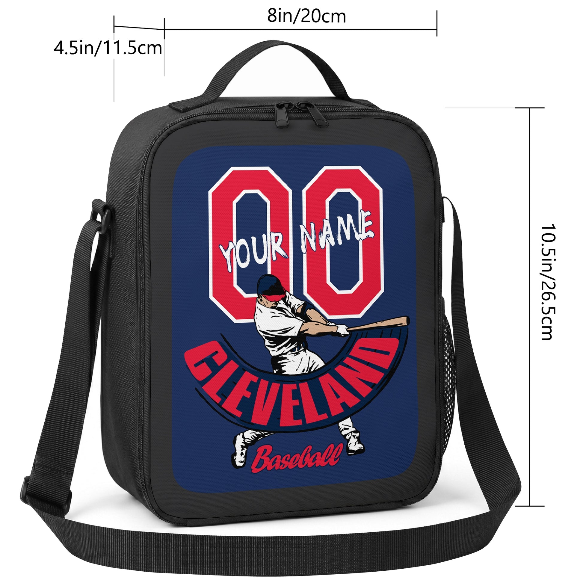 Cleveland personalized baseball lunch bag size guide showing 8 inch width 4.5 inch depth and 10.5 inch height
