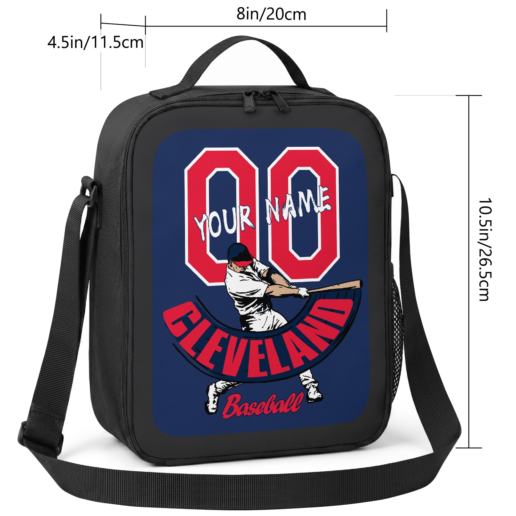 Cleveland personalized baseball lunch bag size guide showing 8 inch width 4.5 inch depth and 10.5 inch height