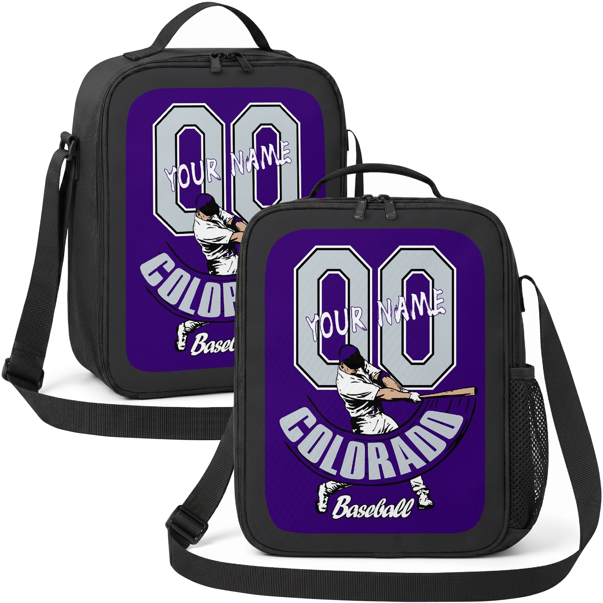 Colorado personalized batter graphic baseball lunch bag in purple black and white showing front and angled views with custom name and number