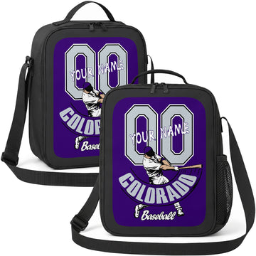 Colorado personalized batter graphic baseball lunch bag in purple black and white showing front and angled views with custom name and number