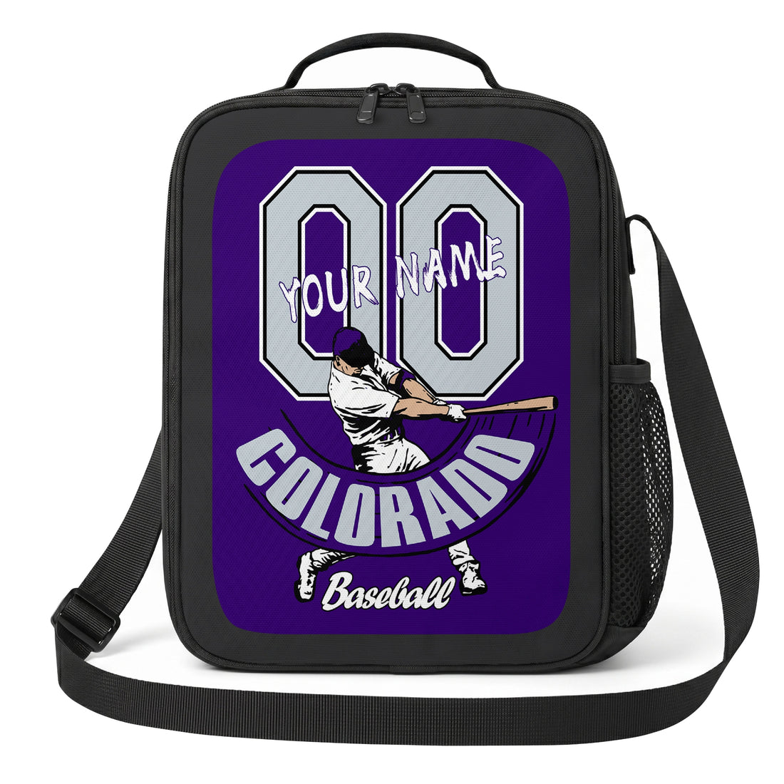 Colorado personalized batter graphic baseball lunch bag in purple black and white showing front and angled views with custom name and number