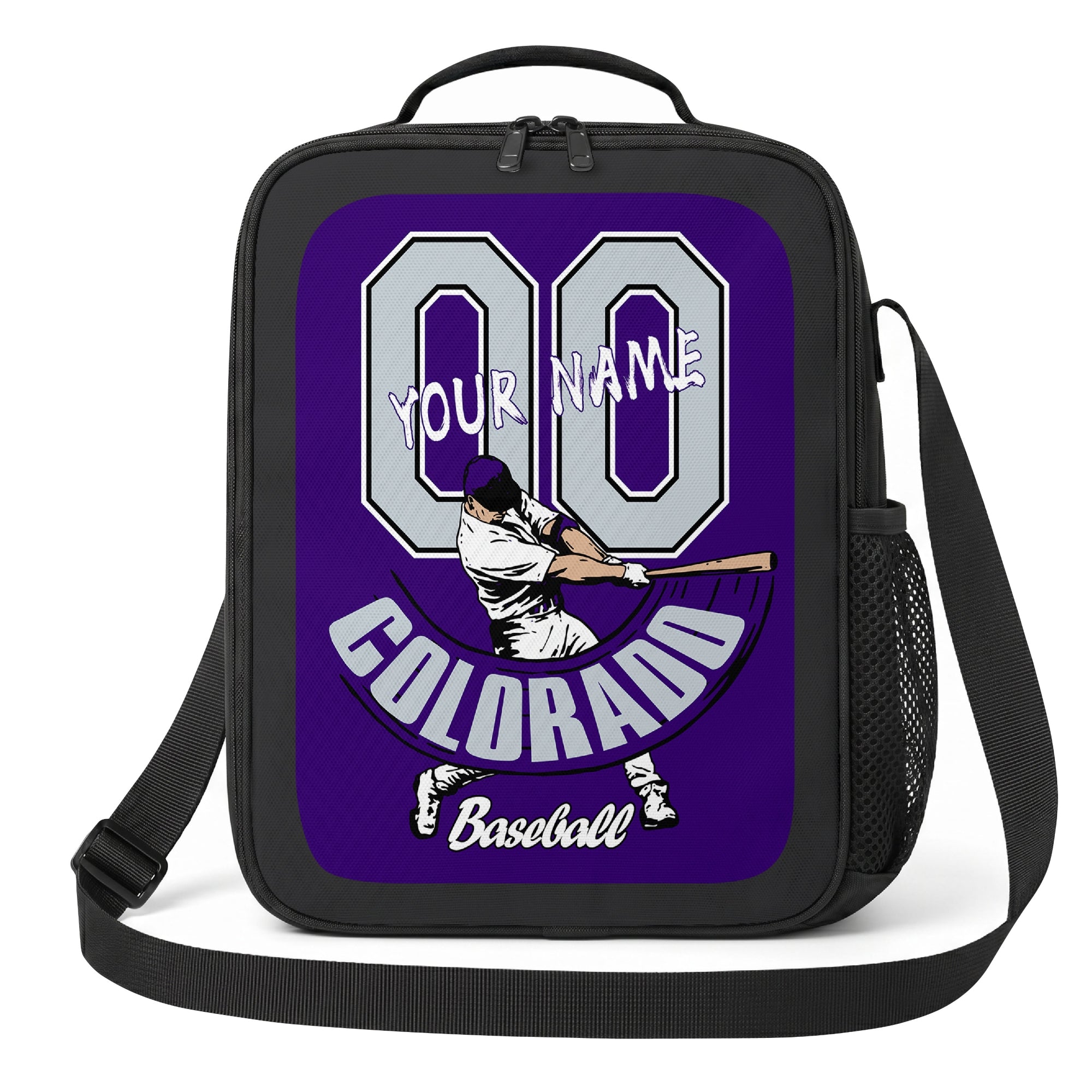 Colorado personalized baseball lunch bag front view in purple black and white with swinging batter graphic custom name and jersey number