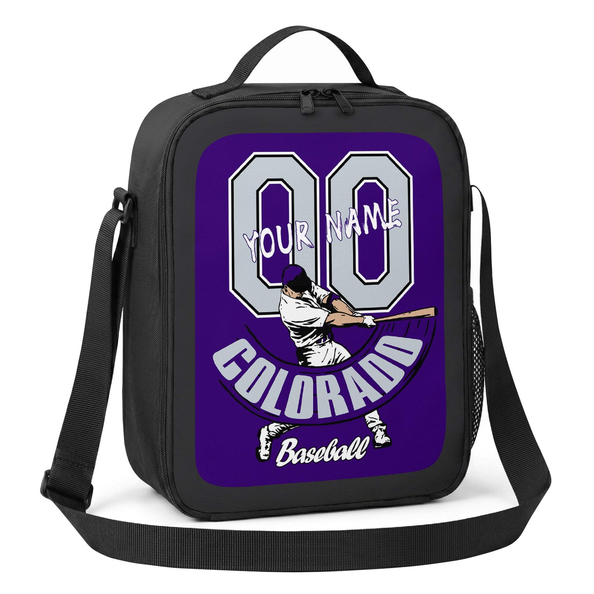 Colorado personalized batter baseball lunch bag angled view with top handle shoulder strap and side mesh pocket