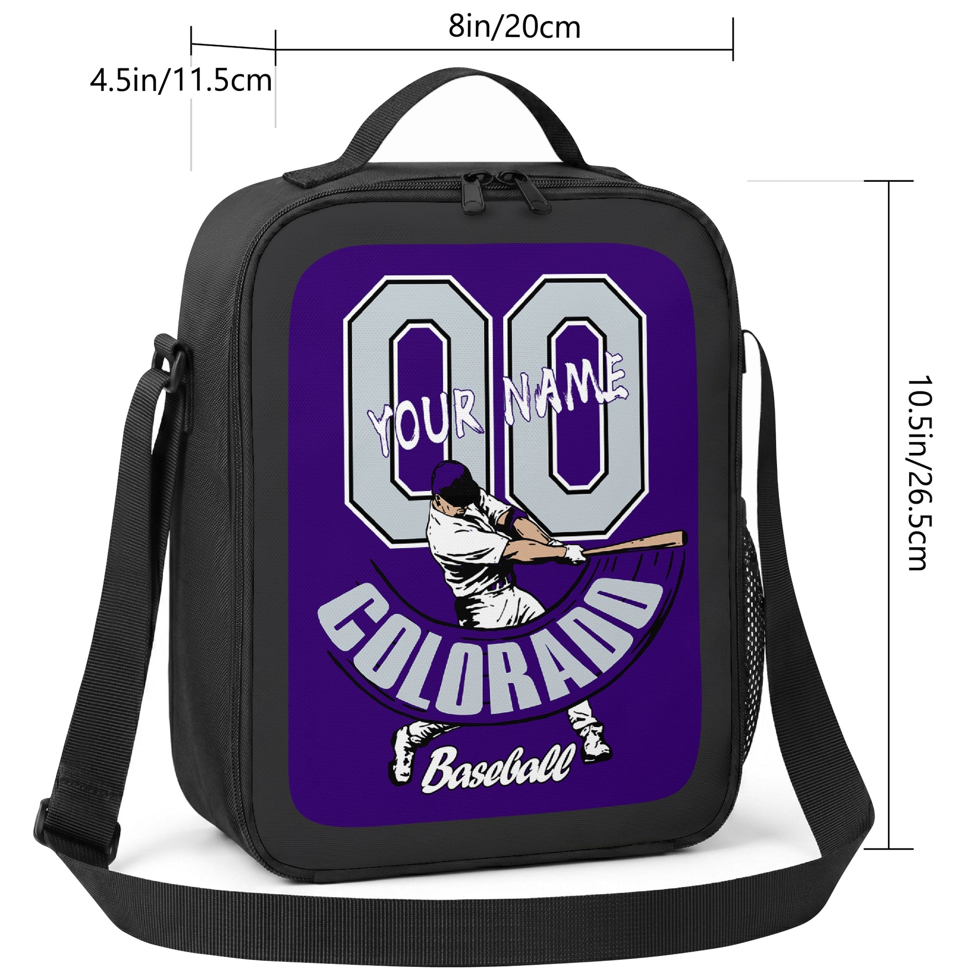 Colorado personalized baseball lunch bag size guide showing 8 inch width 4.5 inch depth and 10.5 inch height