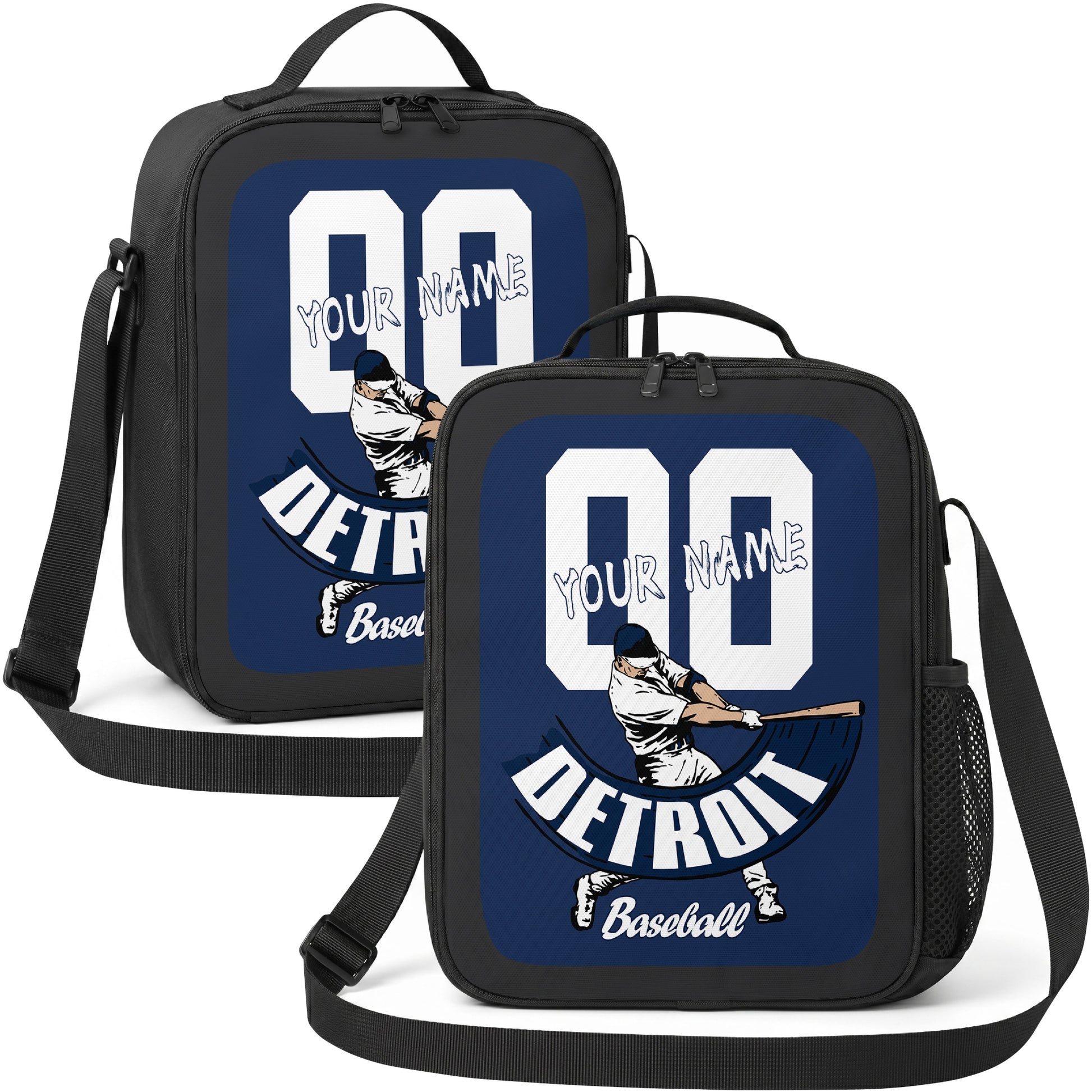 Detroit personalized batter graphic baseball lunch bag in navy silver and white showing front and angled views with custom name and number