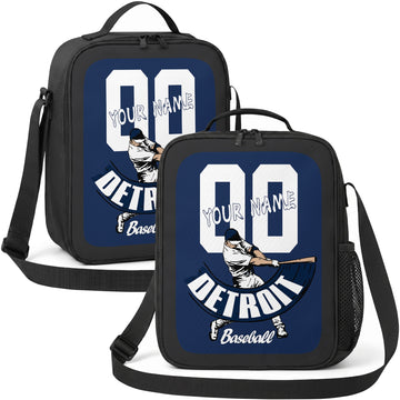 Detroit personalized batter graphic baseball lunch bag in navy silver and white showing front and angled views with custom name and number