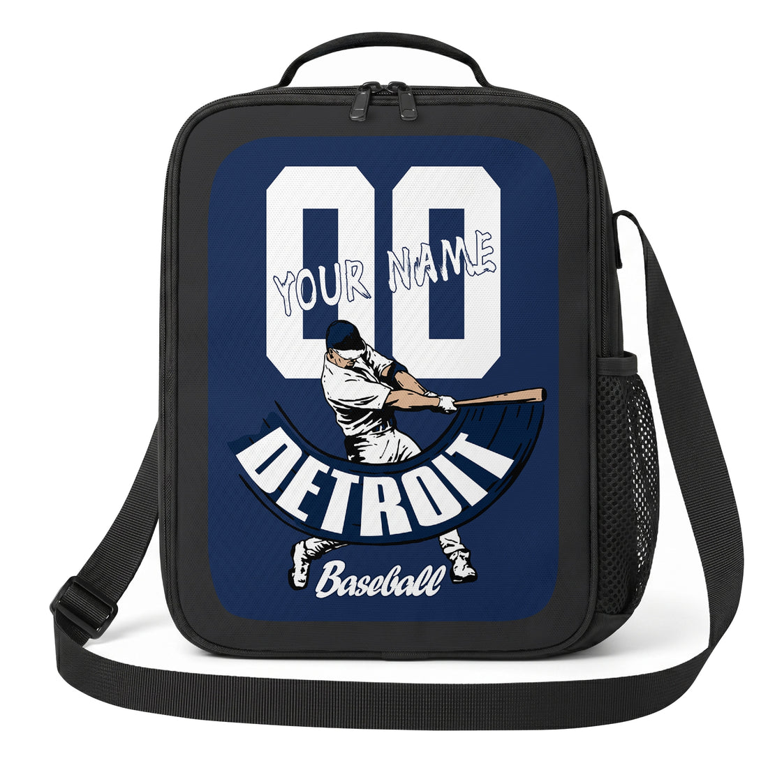 Detroit personalized batter graphic baseball lunch bag in navy silver and white showing front and angled views with custom name and number