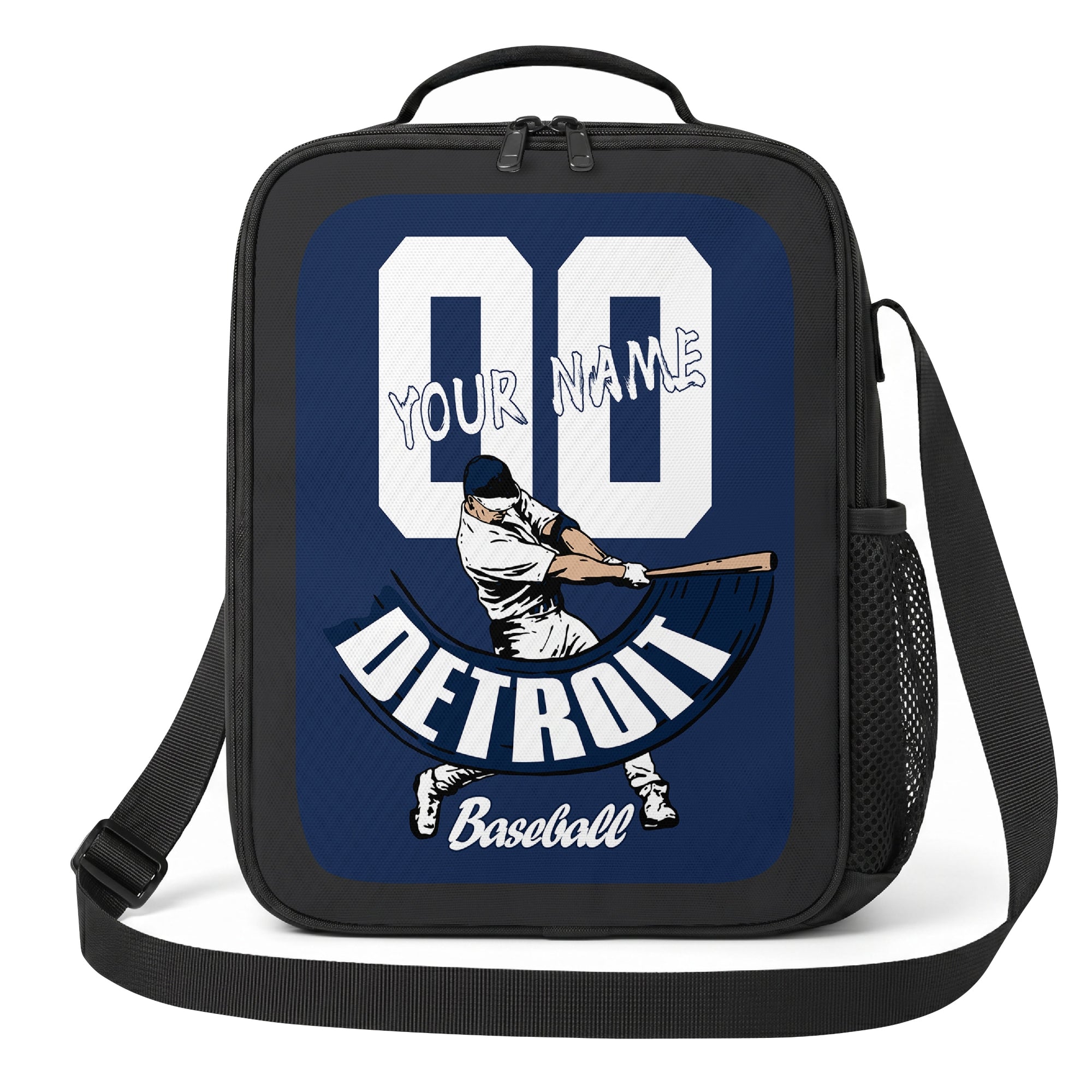 Detroit personalized baseball lunch bag front view in navy silver and white with swinging batter graphic custom name and jersey number