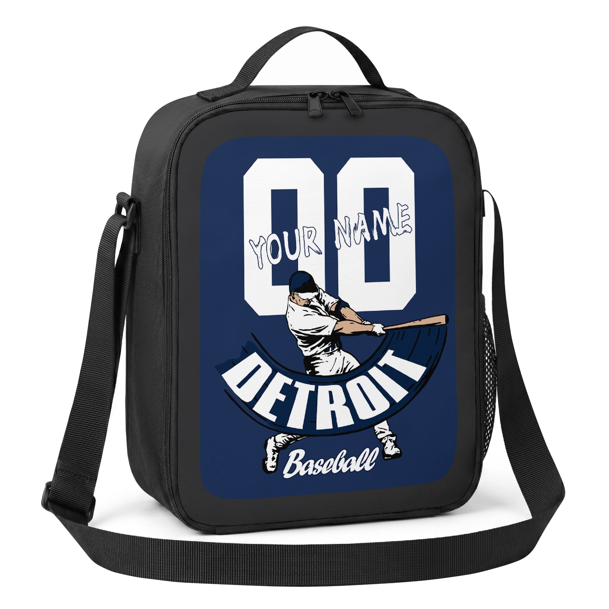 Detroit personalized batter baseball lunch bag angled view with top handle shoulder strap and side mesh pocket