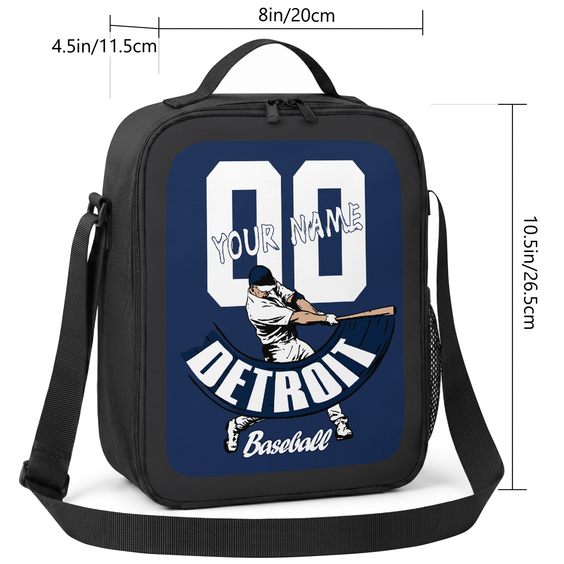 Detroit personalized baseball lunch bag size guide showing 8 inch width 4.5 inch depth and 10.5 inch height
