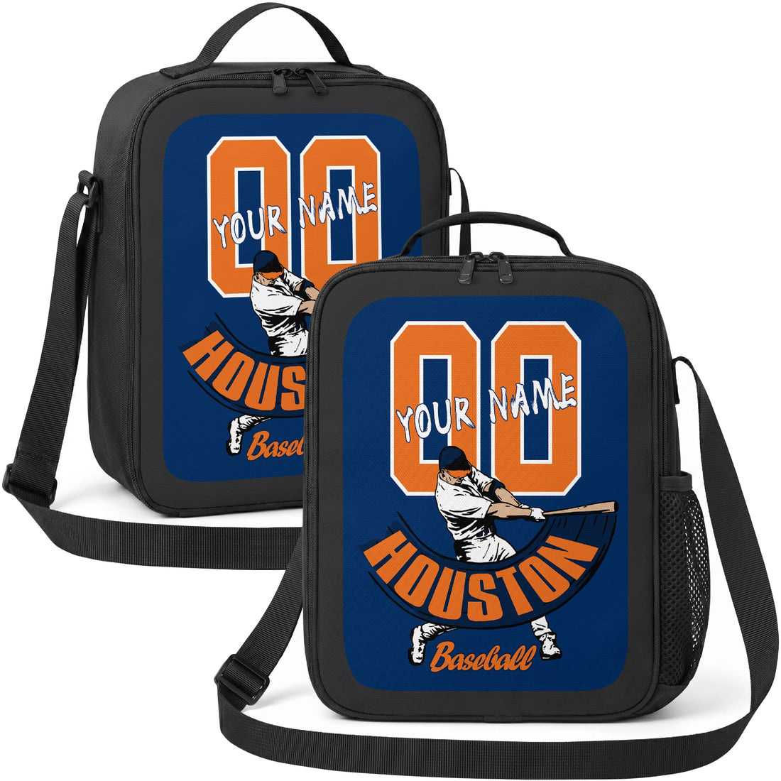 Houston personalized batter graphic baseball lunch bag in navy orange teal and white showing front and angled views with custom name and number