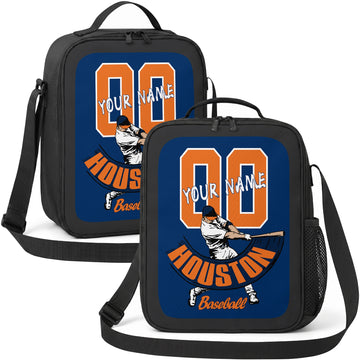 Houston personalized batter graphic baseball lunch bag in navy orange teal and white showing front and angled views with custom name and number