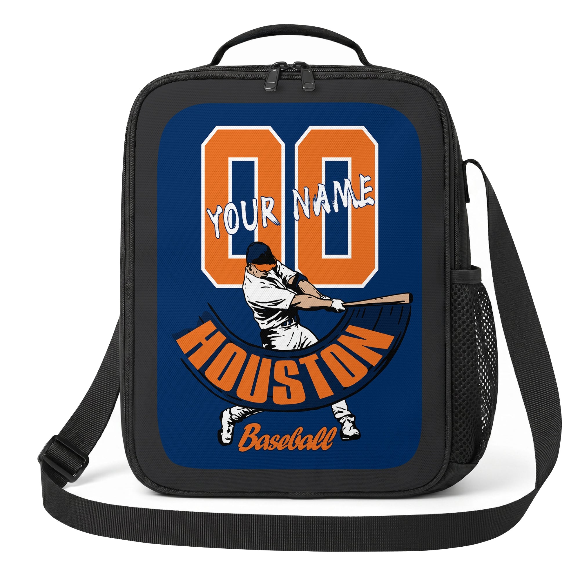 Houston personalized baseball lunch bag front view in navy orange teal and white with swinging batter graphic custom name and jersey number
