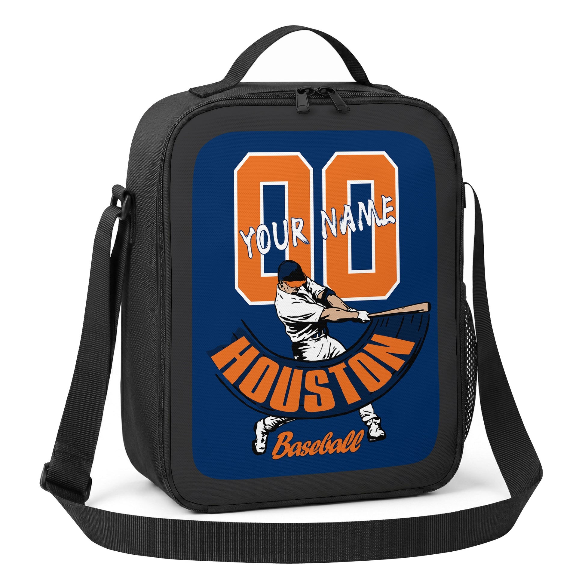 Houston personalized batter baseball lunch bag angled view with top handle shoulder strap and side mesh pocket