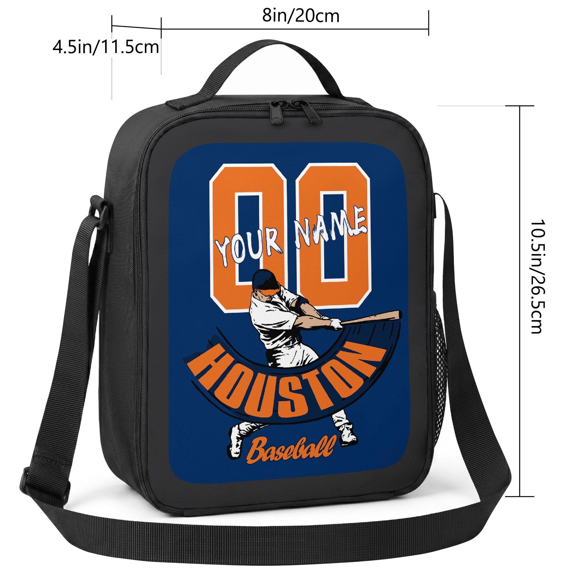 Houston personalized baseball lunch bag size guide showing 8 inch width 4.5 inch depth and 10.5 inch height