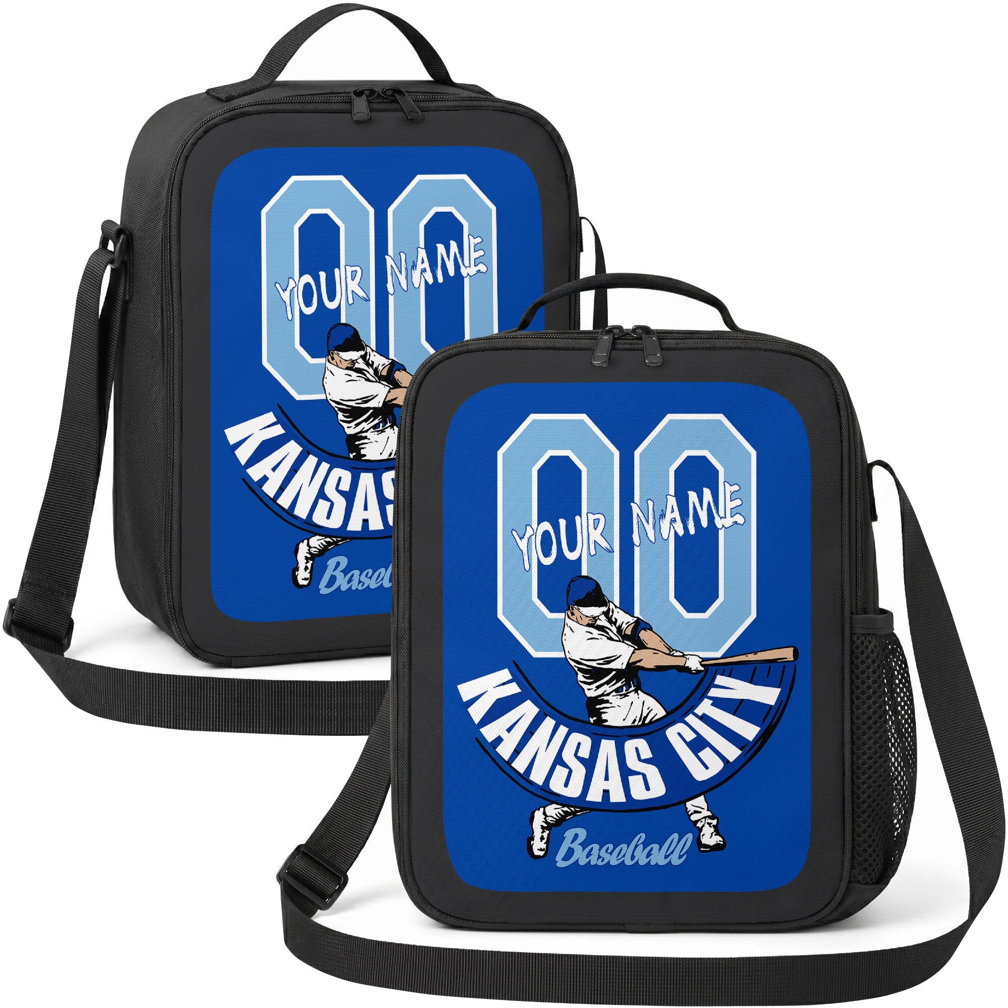 Kansas City personalized batter graphic baseball lunch bag in royal blue and white showing front and angled views with custom name and number